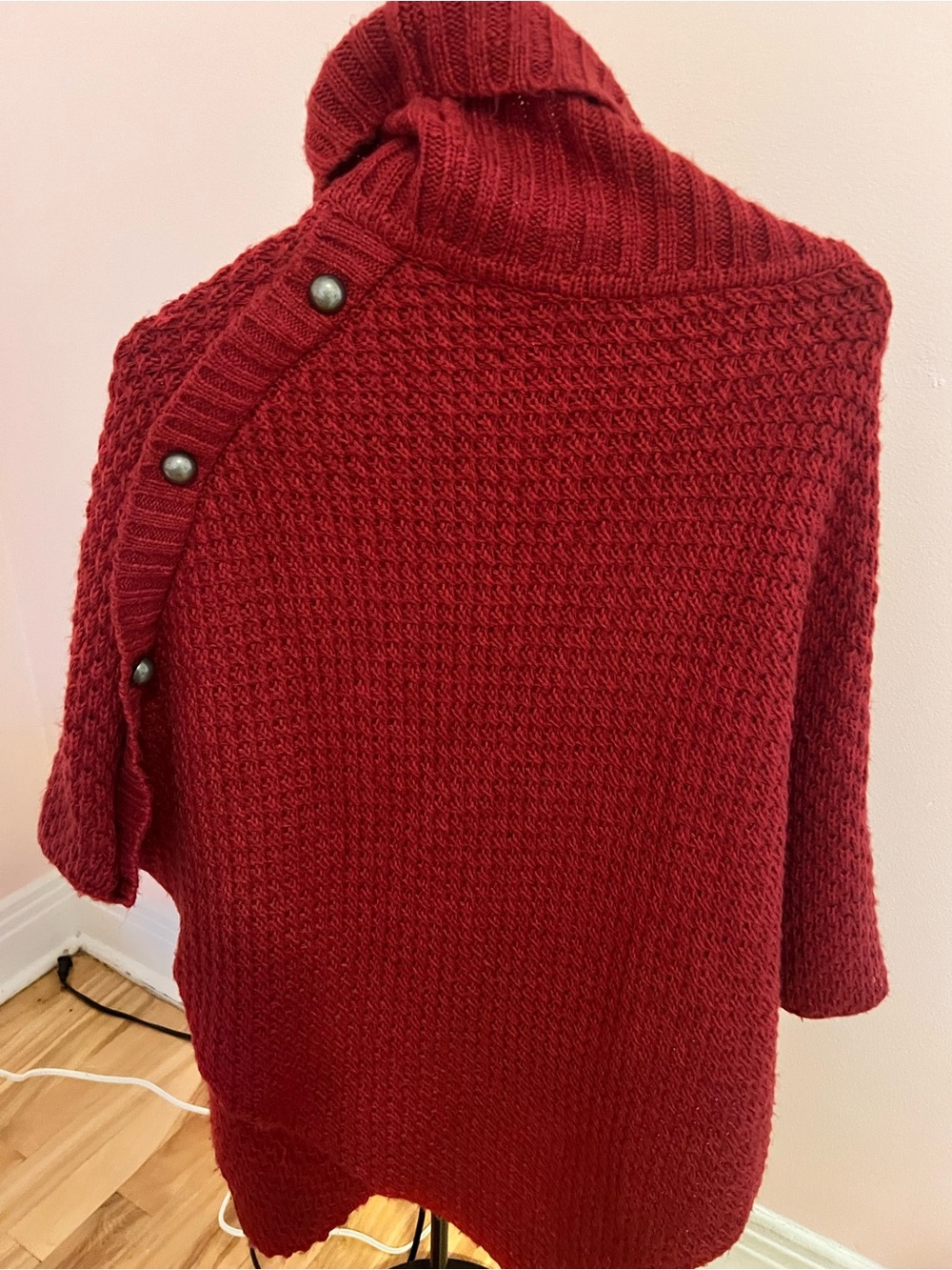 Button-Shoulder Cowl Neck Sweater in Deep Red